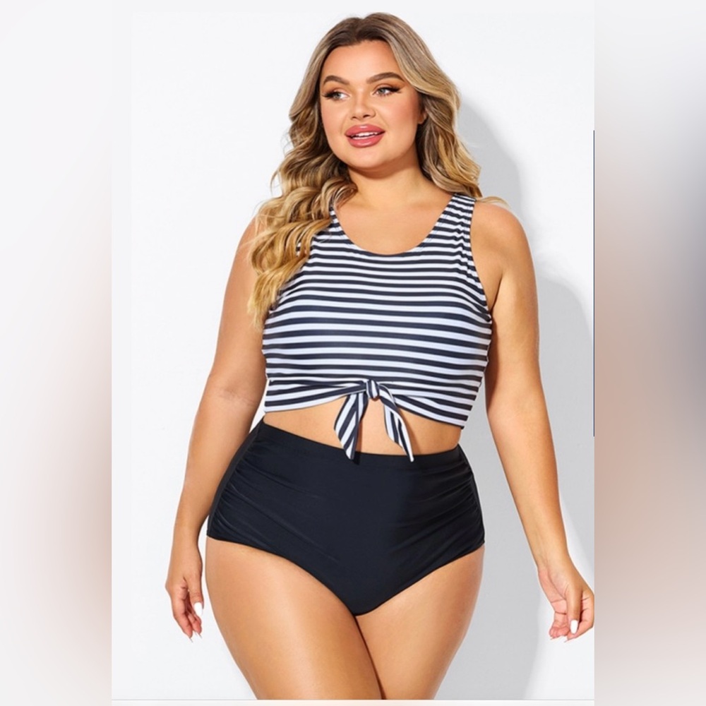 Black & White Striped Knotted Crop Bikini Top ONLY